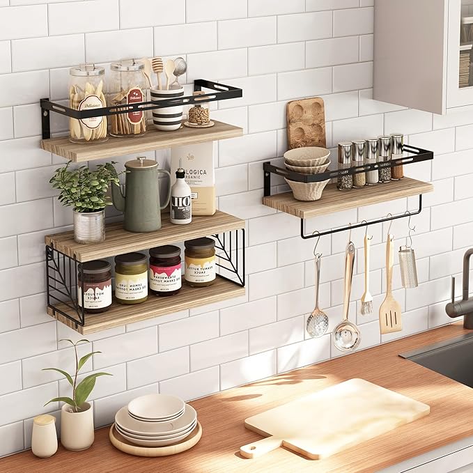 Fixwal 3+1 Bathroom Shelves Over Toilet, Floating Shelves Wall Mounted with Metal Frame and Towel Bar for Bathroom, Kitchen, Bedroom, Living Room (Rustic Brown)