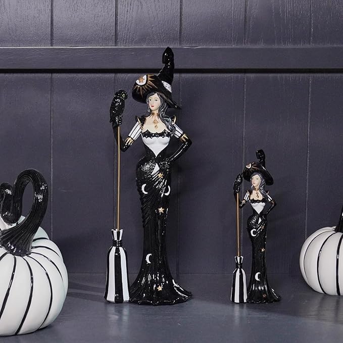 Newman House Studio Halloween Decoration Fairyland Witch Figurine - Magic Holding Broom Dia De Los Muertos Day of The Dead Statue Resin Theme Gift Farmhouse Decor 2.5x1.75x7.5 in