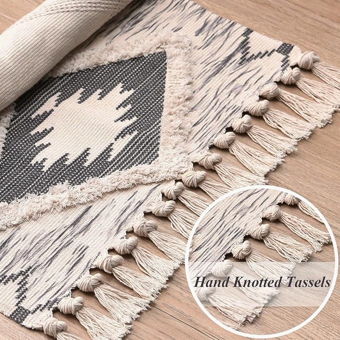 Boho Runner Rug 2'x4.3', Washable Hallway Rug Runner Non Slip Rubber Backed, Kitchen Farmhouse Area Rug Floor Mat with Tassels, Tufted Woven Cotton Entryway Carpet, Grey