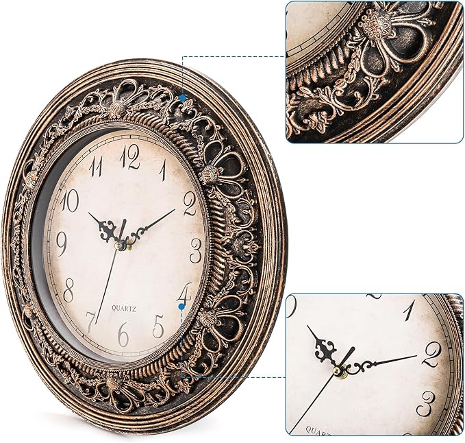 Silent Wall Clock, 13 Inch Vintage Large Wall Clocks, Battery Operated Round Bathroom Clock, Non-Ticking Decorative Retro Analog Clocks for Living Room, Office, Kitchen, School, Bedroom