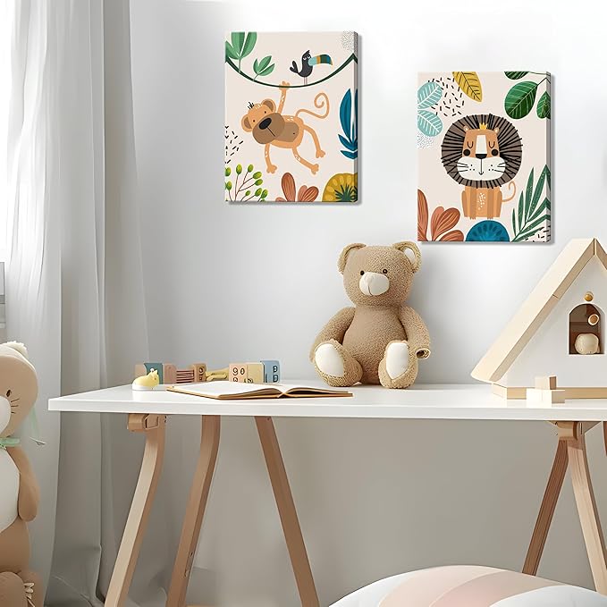 AKWISH Nursery Wall Decor Set of 3, Safari Canvas Wall Art Animals Paintings Prints, Boy Girl Kids Room Wall Decor for Shower Theme Decorations Baby Children's Room Bedroom 16x24 inch Framed