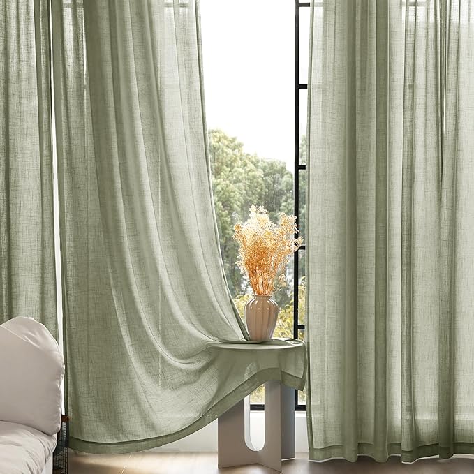 Linen Blend Sage Green Curtains 84 inch Length 2 Panels for Bedroom Back Tab Light Filtering Semi Sheer Drapes Linen Cotton Textured Light Green Airy Modern Farmhouse Living Room Sage Aesthetic Decor