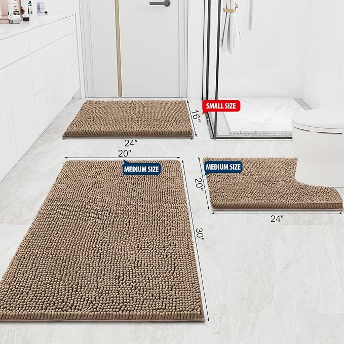 Smiry Luxury Chenille Bathroom Rugs 30x20, Extra Soft and Absorbent Shaggy Bath Mat, Machine Washable, Non-Slip Plush Carpet Runner for Tub, Shower, and Floor, Home Decor Accessories, Camel