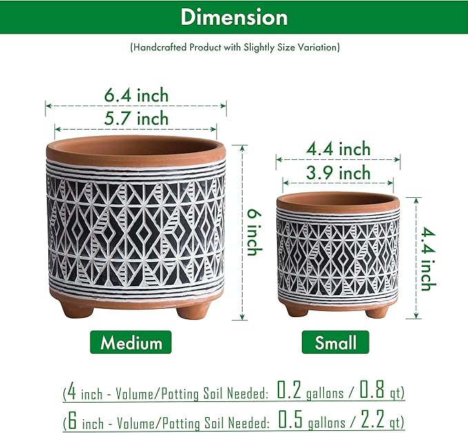 D'vine Dev Set of 2 Terracotta Planter Pots, 4 Inch & 6 Inch, Design Plants Pot with Drainage Hole, Midnight Weave, Terracotta/Black, 31-953-G-2