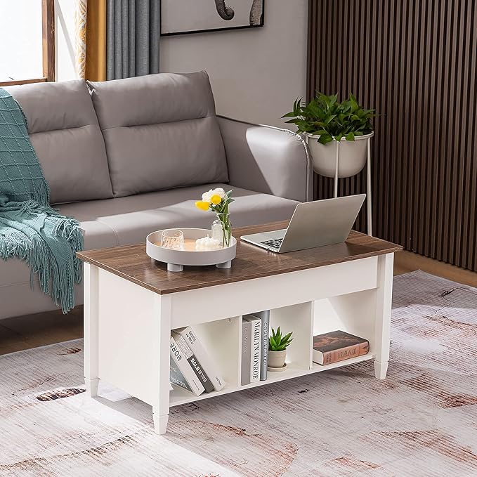 VINGLI Lift Top Coffee Table, White, with Storage Shelf/Hidden Compartment, Gas Lift Mesa De Centro para Sala Pop Up Coffee Table
