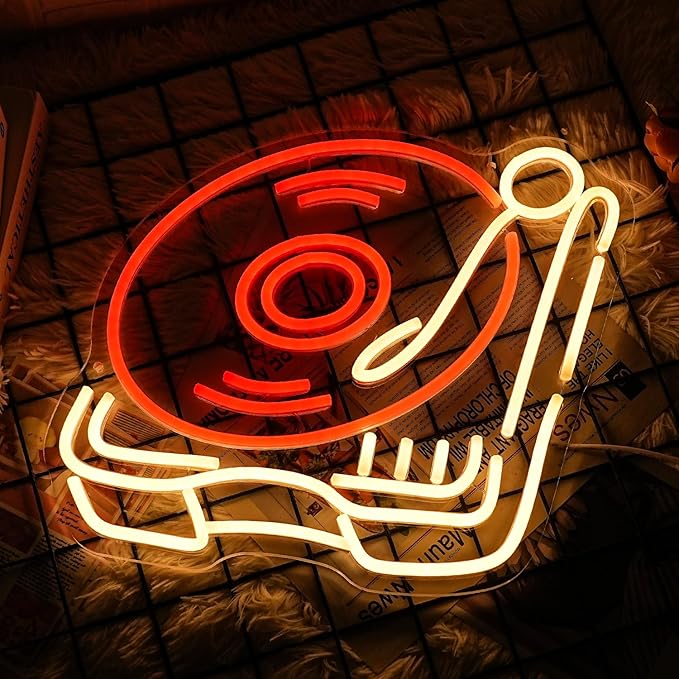 Record Player Neon Sign Retro Red Warm Music Record Neon Light Neon Signs for Studio Decor Live Art Neon Light Sign for Bedroom Beer Bar Decoration