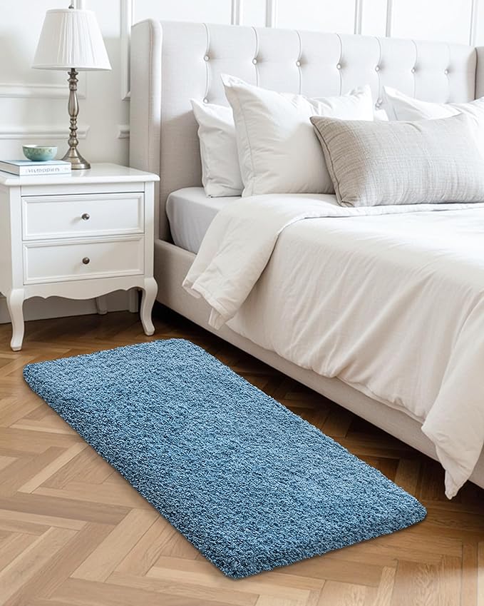 ILANGO Blue Bathroom Rugs 48" × 24" Non Slip & Super Absorbent Extra Thick Soft, Washable Bath Mat for Floor, Microfiber Plush Shaggy Bath Rug with Rubber for Bathtub Shower Room Sink
