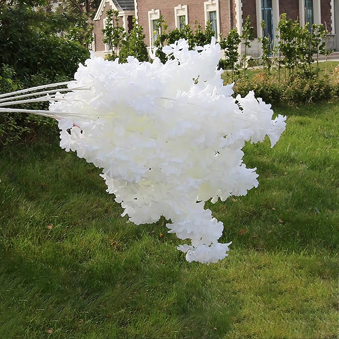 Pusuny Artificial Faux Cherry Blossom Branches Decor, 35 Inch for Tall Floor Vase Used as Wedding Home Decoration, Fake White Flowers for Dinner Table Centrepiece, White, 5PCS