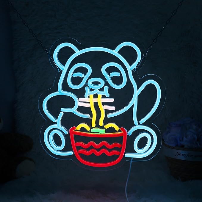 Panda Eating Noodles Neon Sign Panda Ramen Sign for Room Wall Decor Dimmable LED Neon Light for Bar Restaurant Music Concert Man Cave Game Room Wall Art 11.6"×12.4"