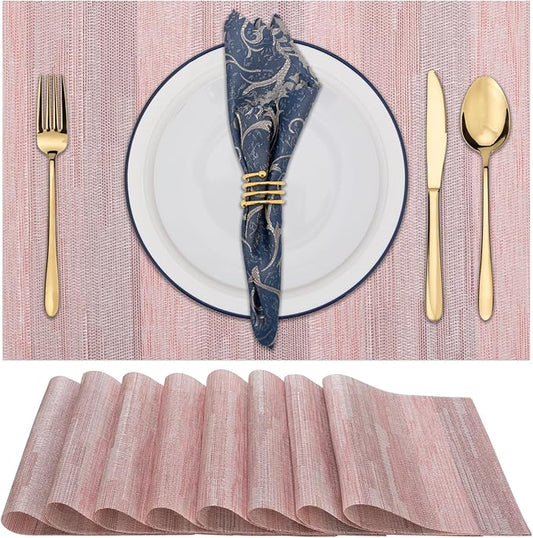 Winknowl Placemats Set of 8, Heat Resistant Stain Resistant Woven Vinyl Insulation Place mats, Durable Washable Elegant Table Mats for Kitchen Dining Table Decor (Misty Rose)