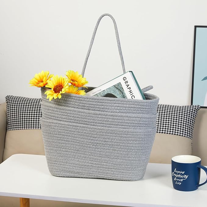 DULLEMELO Wall Hanging Basket for Home Decor 3-Tier Woven Cotton Wall-Mounted Hanging Storage Basket, Decorative Woven Storage Basket with Door Hooks, Gray