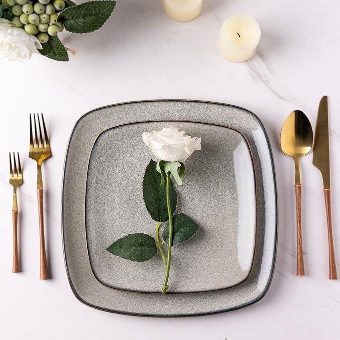 AmorArc Ceramic Dinnerware Sets for 4, 12 Pieces Square Handpainted Plates and Bowls Set, Chip and Scratch Resistant Stoneware Dishes Set, Dishwasher & Microwave Safe, Reactive Glaze