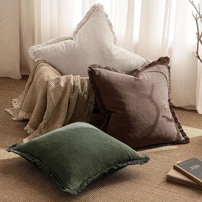 MIULEE Decorative Throw Pillow Covers Neutral Linen Fringe Throw Pillows Set of 2 Rifle Green Boho Farmhouse Cushion Covers with Tassels for Couch Sofa Bed Living Room Spring Home Decor 20x20 Inch