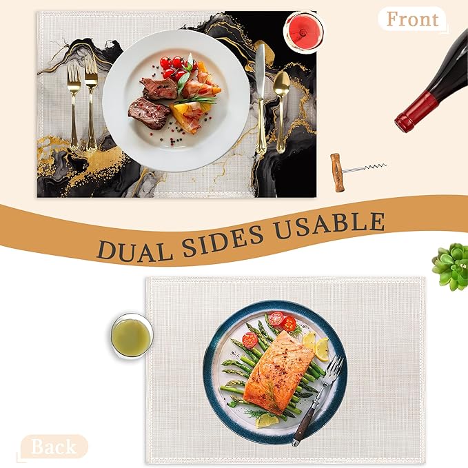 White Black Placemats Set of 6,Washable Heat Resistant 12×18 Inch Linen Table Mats Golden Marble Place Mats for Party Outdoor Dining Décor