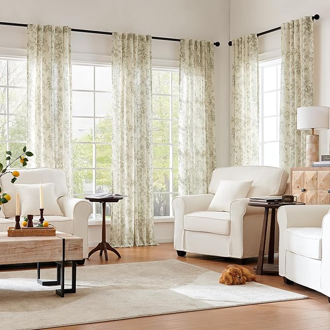 jinchan Linen Blend Curtain Floral Curtains for Living Room 90 Inch Length Sage Green Printed Curtain Rod Pocket Back Tab Farmhouse Peony Flower Patterned Drapes Bedroom Window Curtains Set 2 Panels