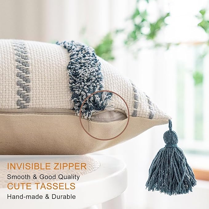 Boho Throw Pillow Covers 12x20 Set of 2 Woven Tufted Farmhouse Pillows Cover with Tassels Textured Striped Cushion Case Lumbar Pillow Cases Decorative Pillowcase for Sofa, Bed, Dark Blue