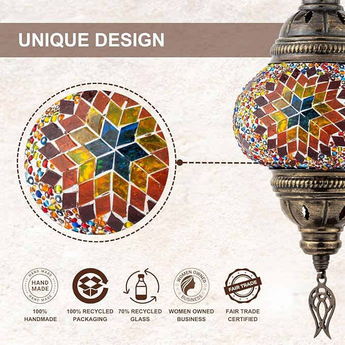 Kafthan Turkish Moroccan Mosaic Lamp – Handmade Glass Swan Neck Bedside Lamp with Antique Brass Base, Ideal Decor for Bedroom, Office, Living Room – Bulb Included (Multicolor Center Star)