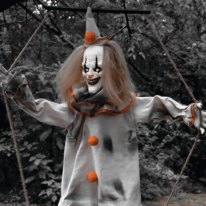 Haunted Hill Farm Scary Swinging Talking Clown Animatronic with Touch Activated Lights and Sounds, Battery Operated Indoor or Covered Outdoor Decoration, Creepy Halloween Prop