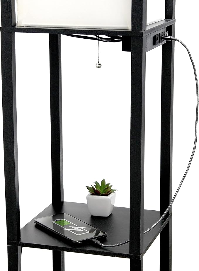 Simple Designs LF1037-BLK Floor Lamp Etagere Organizer Storage Shelf with 2 USB Charging Ports, 1 Charging Outlet and Linen Shade, Black