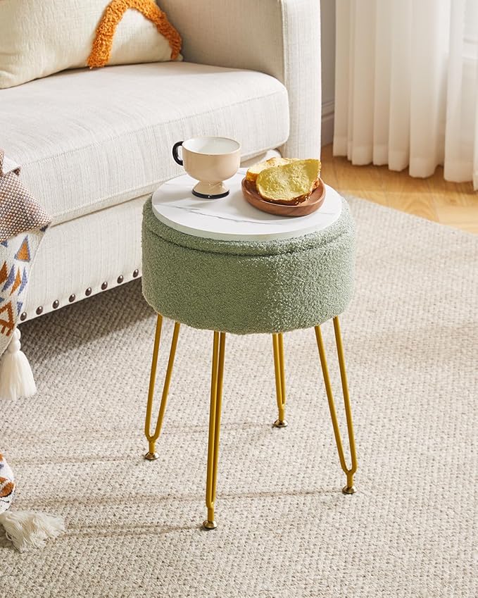 IBUYKE Teddy Velvet Storage Footrest Stool Ottoman, Makeup Vanity Stool Side Table with Removable Cover, Golden Steel Legs, Coffee Table Top Cover, Light Green WBD010D