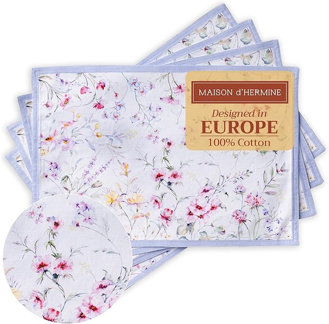 Maison d' Hermine Placemats Set of 4 100% Cotton Washable Cloth Place Mats, Reusable Table Mats for Kitchen Dining Decoration, Party, Wedding, Restaurant Spring/Summer (Summer Floral, 13" x 19")