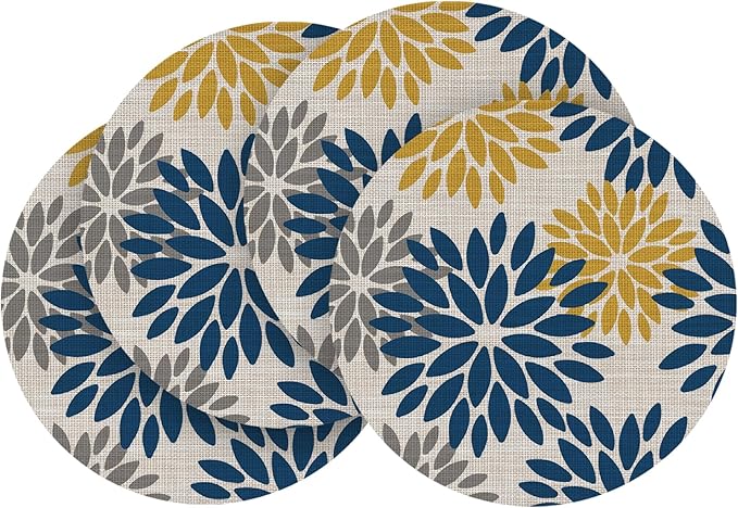Artoid Mode Navy Yellow Dahlia Plastic Round Placemats Set of 4, 14 Inch Seasonal Wipeable Woven Vinyl Table Mats for Farmhouse Party Kitchen Dining Decor