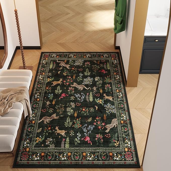 Area Rug 4x6 Rug Washable Boho Rugs Non Slip Low Pile Floral Animal Small Carpet for Bedroom, Bedside, Kids Room, Office, Dining Room (Green)