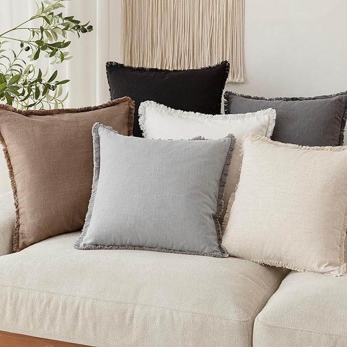 Foindtower Set of 2 Decorative Linen Fringe Throw Pillow Covers Cozy Farmhouse Cushion Cover with Tassels Accent Pillowcase for Couch Chair Sofa Bed Living Room Home Decor,22×22 Inch,Light Rustic Gray
