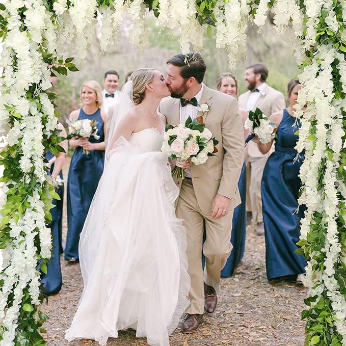 Wisteria Artificial Flowers Garland, 4Pcs Total 28.8ft Silk Faux Wisteria Vine Kit, Hanging Flower Plant for House Outdoor Garden Ceremony Outside Wedding Arch Floral Decor (4, White)