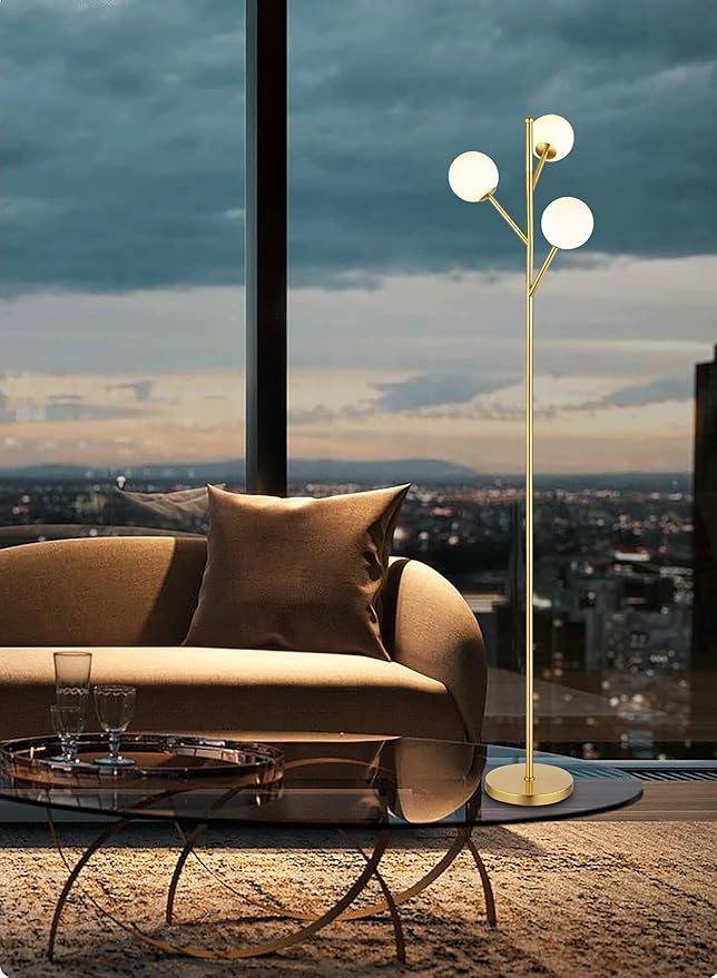 3-Globe Mid Century Tree Floor Lamp and Bulbs Included,70in Tall Standing Glod Floor Lamp with Frosted Glass Shade for Living Room Office Bedroom, Study Room, Hotel, Antique Brass Lighting