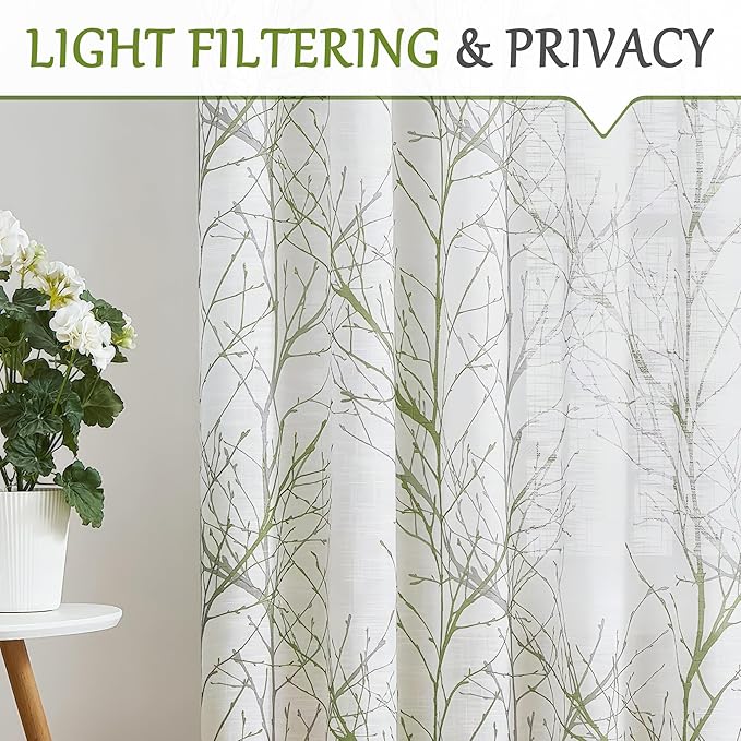 FMFUNCTEX Linen Semi Sheer Curtains for Bedroom, Sage Green White Curtains 63 Inches Long for Living Room, Grey Tree Branch Print Curtain Light Filtering Farmhouse Window Drapes, Grommet Top 2 Panels