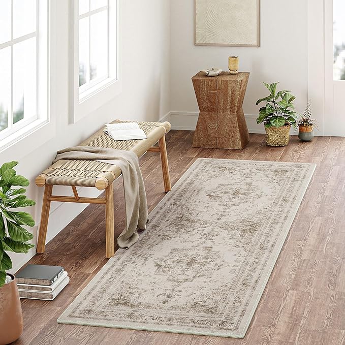 Runner Rug 2x5 Washable Taupe Hallway Runner Vintage Boho Medallion Non Slip Distressed Retro Carpet Indoor Low Pile Long Soft Rug for Kitchen Entryway Bedroom Bathroom Laundry