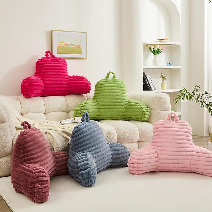 WERDIM Reading Pillow for Sitting in Bed, Faux Fur Back Pillow for Bed Rest, Bed Chair Pillow with Arms and Pockets(Large, Apple Green)