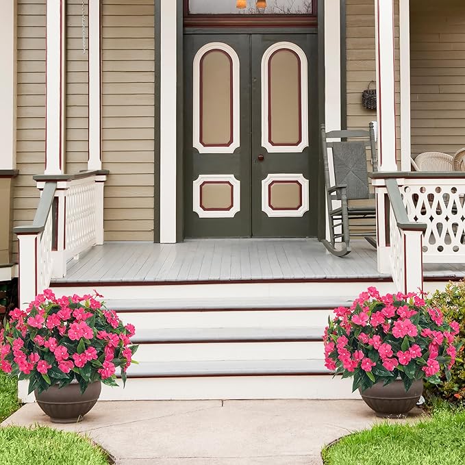 Spring Decorations for Home Flowers Fake Plants Fake Flowers Artificial Impatiens Bouquet Flowers for Outdoors Silk Faux Flowers Impatiens Plants Decor Indoor Planters 15.7" (Rose Red) 8PCS