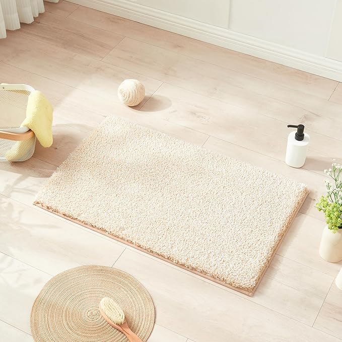 Douceur Beige Bathroom Rugs Non Slip, Luxury Thick Plush Shaggy Bath Mats Washable, Fluffy Absorbent Rugs, Quick Dry Shower Mat Gifts, 32" x 20"