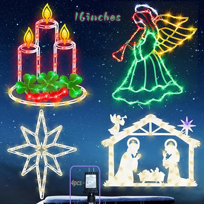 16" Christmas Window Silhouette Lights Decorations - 4 Pack Colour Lighted Angel & Nativity & Bethlehem Star & Candle for Holiday Indoor and Outdoor Wall Door Window Decorate