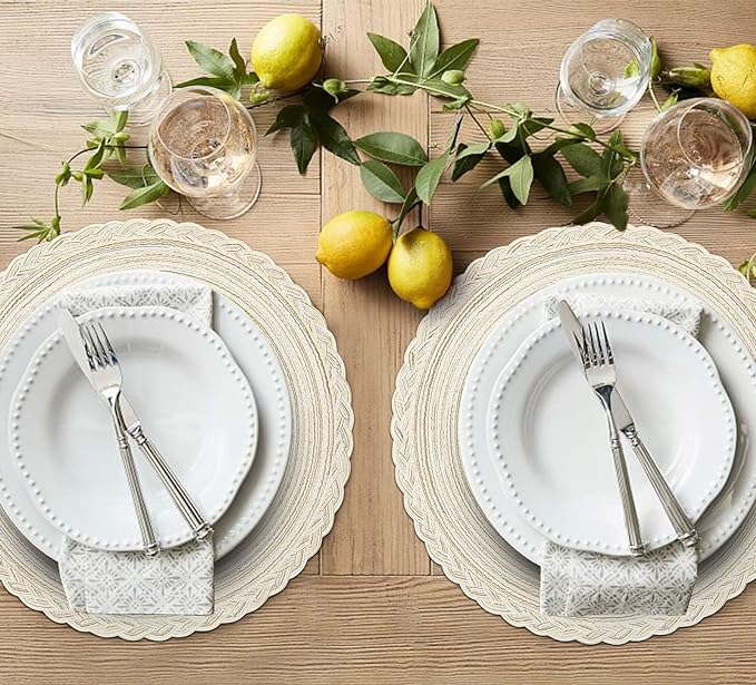 SHACOS Round Placemats Set of 4 Boho Braided Border Place Mats for Dining Tables Wedding Holiday Party (Ivory Bordered, 4)