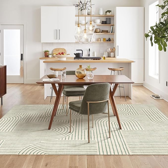 Washable 4x6 Area Rug - Boho Living Room Rug Stain Resistant Soft Modern Rugs for Bedroom Ultra-Thin Sage Green Abstract Rainbow Dining Room Rugs Indoor Carpet for Living Room Nursery Room