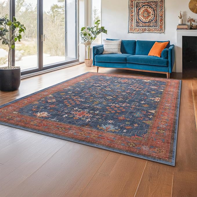 Dining Room Rugs for Under Table - 6x8 Washable Area Rug for Living Room, Low Pile Non-Slip Rugs for Bedroom - Navy Blue & Terracotta Vintage Boho Eclectic Home Decor