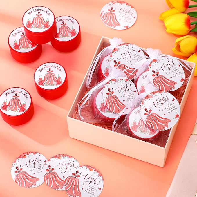 12 Sets Quinceanera Party Favor for Guests Include 12 Mis Quince Años Candles Set Soy Tealight Candles Thank You Card Organza Bag 15th Sweet Birthday Parties Quinceanera Party Souvenir (Red)