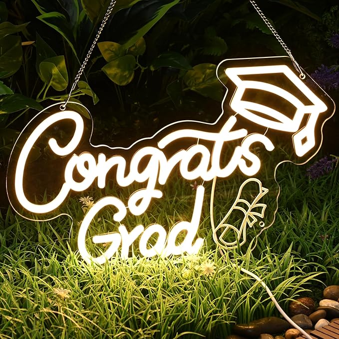 FRAMICS Congrats Grad Neon Sign-10 Adjustable Brightness 2025 Graduation Decorations Lighted Congrats Grad Sign with 9.8 FT USB Power Cord Warm White LED Graduation Sign for Wall Decor Party Backdrop