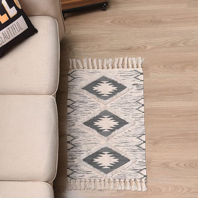 Boho Bathroom Rugs 2x3ft Farmhouse Bath Runner Rug, Small Tufted Cotton Accent Floor Mat with Tassels, Grey