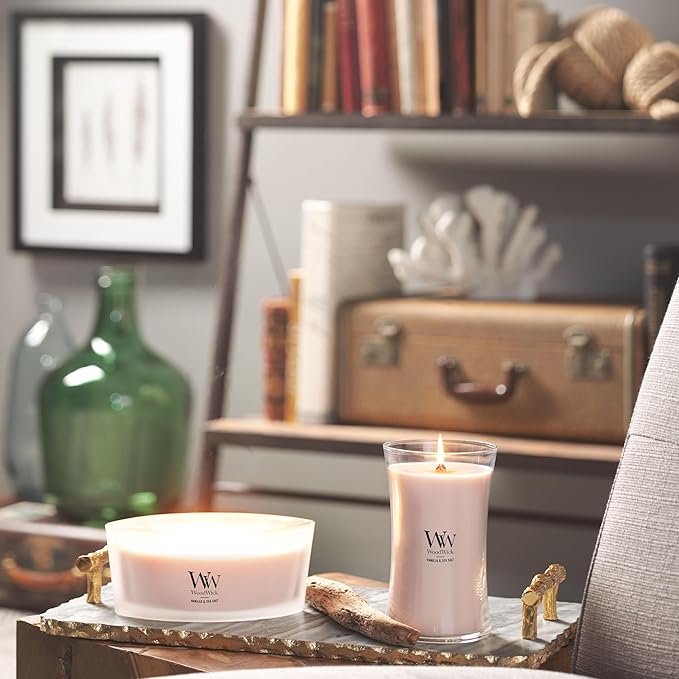 WoodWick Ellipse Scented Candle, Vanilla & Sea Salt Scent, Crackles as it Burns, Up to 50 Hours Burn Time, Premium Soy Blend, Perfect for Gifting, 16oz
