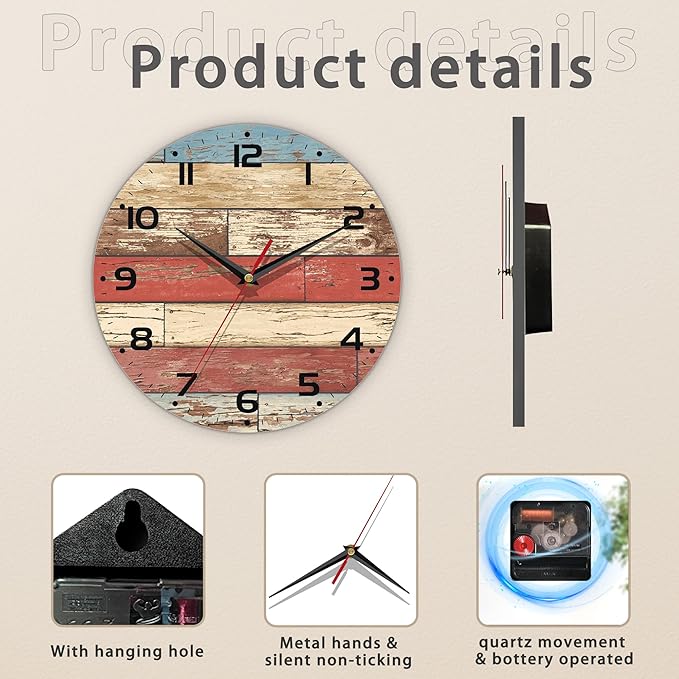 Clock for Living Room, Wooden Decorative Round Wall Clock Silent Non-Ticking Battery Operated Clock 10 Inch, Home Decor for Living Room, Kitchen, Bedroom and Office