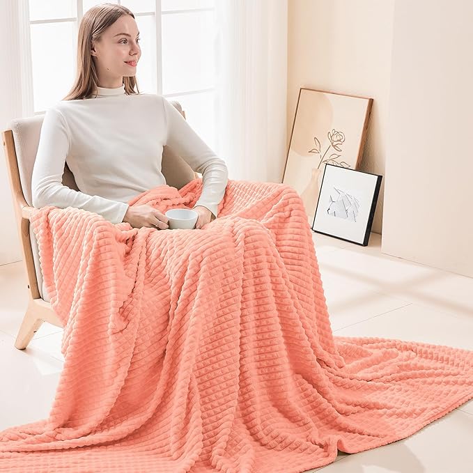 EMME Soft Fleece Pink Throw Blanket for Couch Luxury Flannel for Bed Sofa Chair, Plush, Warm and Cozy Blanket with Geometric Grid Design (Pink, 50'' x 60'')