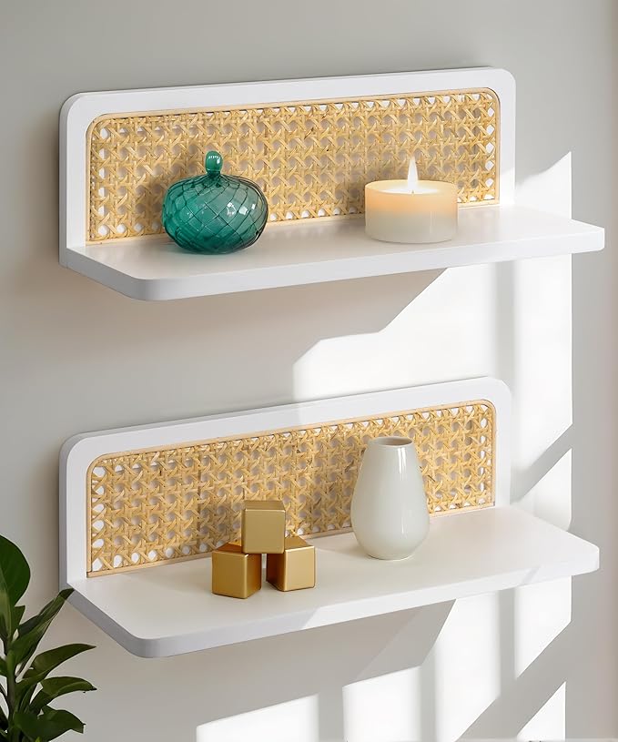 Rattan Floating Shelves, Boho Cane Webbing Wall Shelves Farmhouse Display Storage Organizer White Bookshelves Wicker Room Decor for Living Room Bedroom Entryway Hallway Bathroom, Set of 2