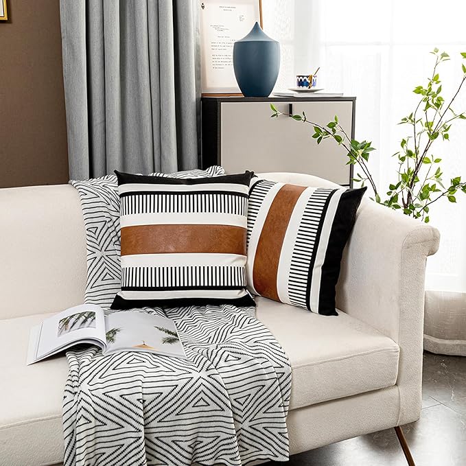 Pack of 2 Farmhouse Throw Pillow Covers for Couch Sofa Decorative Faux Leather Square Cushion Cover Tribal Stripe Accent Pillow Case 18 x 18 Inch,Black