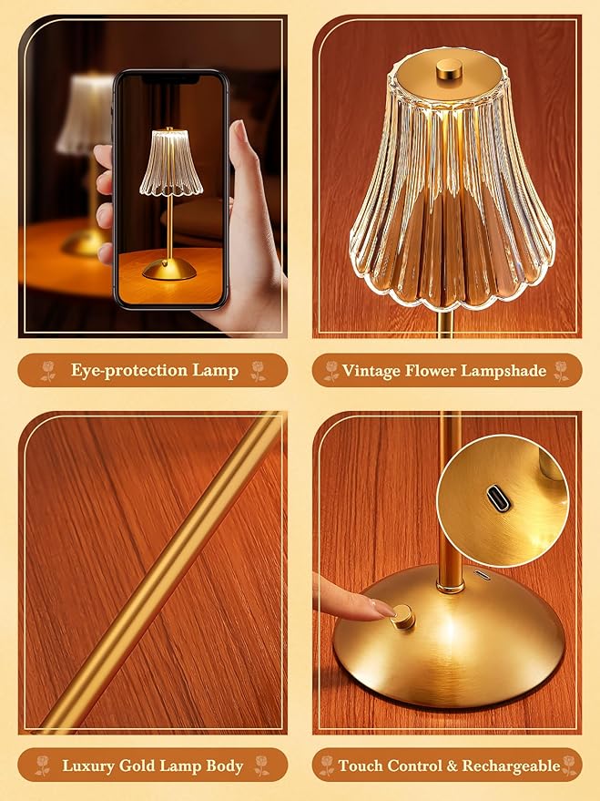 Vintage Lamp,2000mAh Rechargeable Lamps Cordless Lamp,3 Colors+10 Brightness Small Battery Operated Lamps for Bedroom