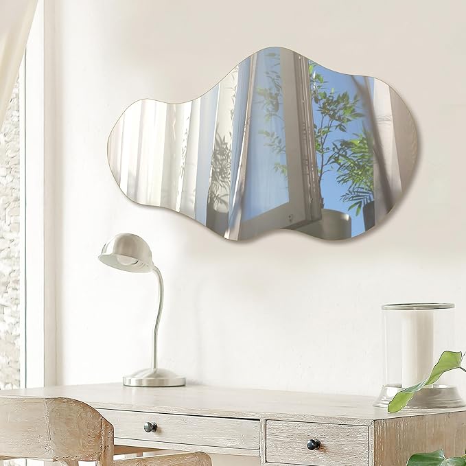 PERFNIQUE Irregular Wall Mirror Asymmetrical Mirror, 28''x17'' Decorative Modern Mirror for Bedroom Bathroom Living Room Entryway, Cloud Frameless Wall Mounted Mirror