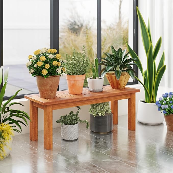 Tangkula Wooden Plant Stand, Outdoor Indoor Solid Wood Flower Pot Holder Display Shelf with Teak Oil Finish, Slatted Top, Rustic Plant Rack for Patio Garden Entryway Porch